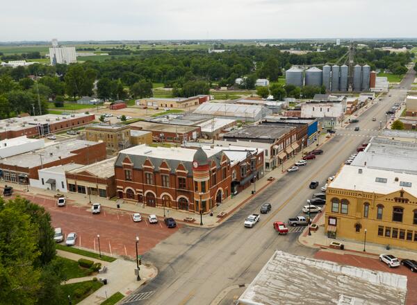 Overhead view of town buildings and streets